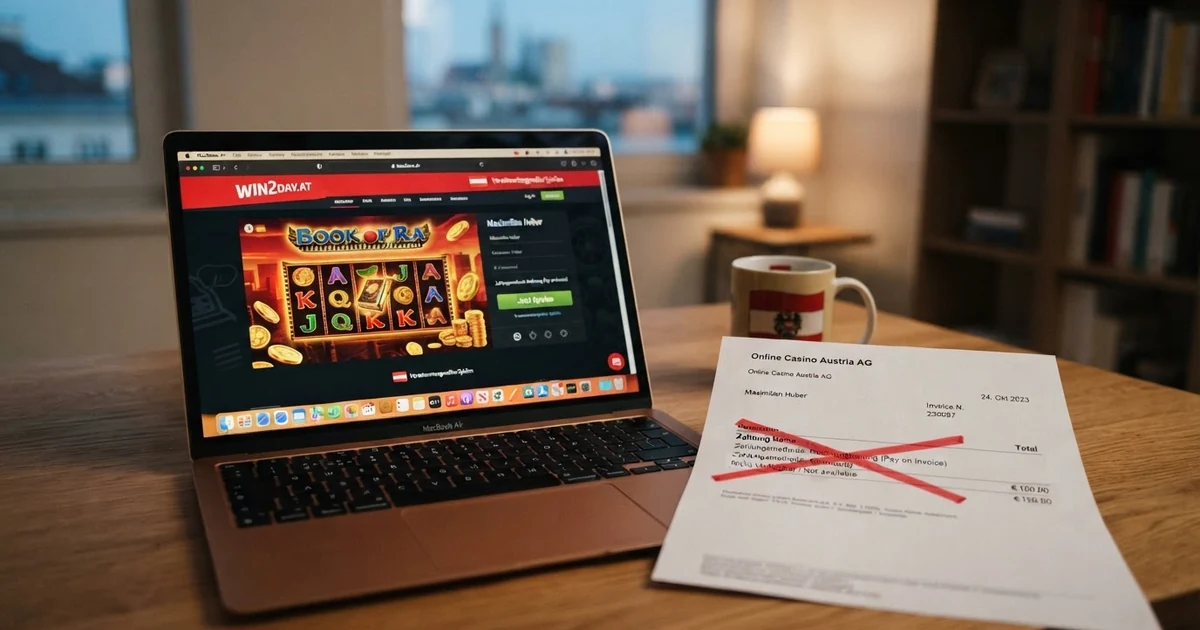 Ein aufgeklappter Laptop mit der Startseite eines Online Casinos, daneben eine durchgestrichene Rechnung