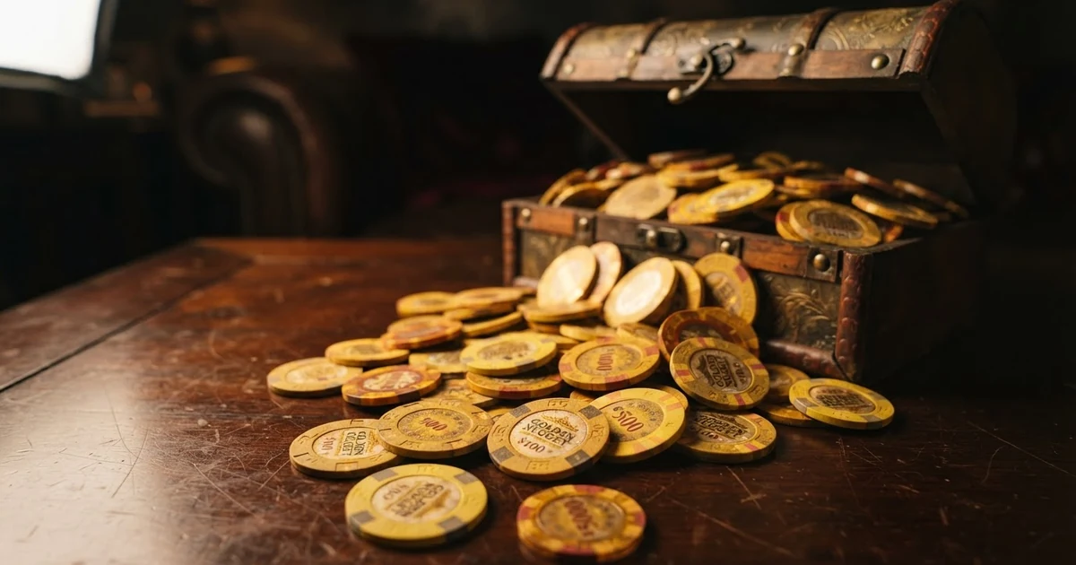 Eine geöffnete Schatztruhe mit herausfallenden goldenen Münzen und einem kleinen Vorhängeschloss auf einem der Geldstücke — Symbol für Bonusgewinne, die trotz „keine Umsatzbedingungen“ an versteckte Limits gebunden sind
