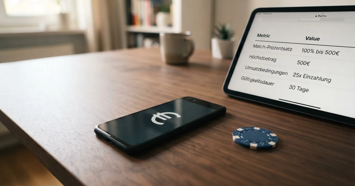 Eine Gegenüberstellung der wichtigsten Bonus-Kennzahlen – Prozentsatz, Höchstbetrag, Umsatzbedingungen und Gültigkeitsdauer – als visuelles Bewertungsraster für Online-Casino-Einzahlungsboni