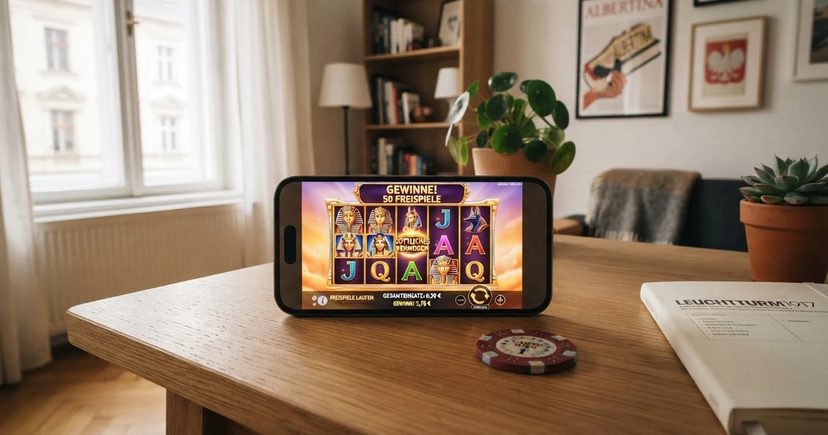 Startbildschirm eines Online-Casinos mit einem hervorgehobenen Banner für Freispiele ohne Einzahlung