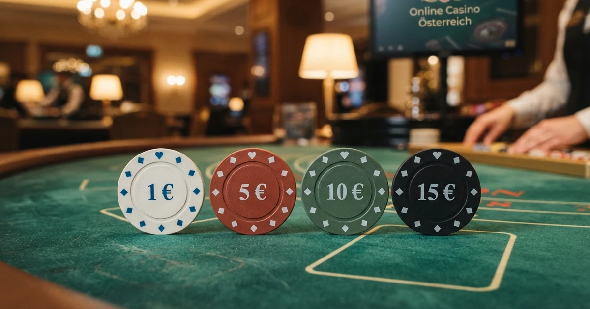 Vier Spielchips mit den Aufschriften 1 €, 5 €, 10 € und 15 € auf einem Online-Casino-Tisch