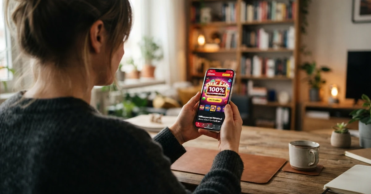 Eine Online-Casino-Oberfläche mit einem hervorgehobenen 100%-Willkommensbonus-Angebot, Spielautomaten-Symbolen und einem Einzahlungsformular im Vordergrund