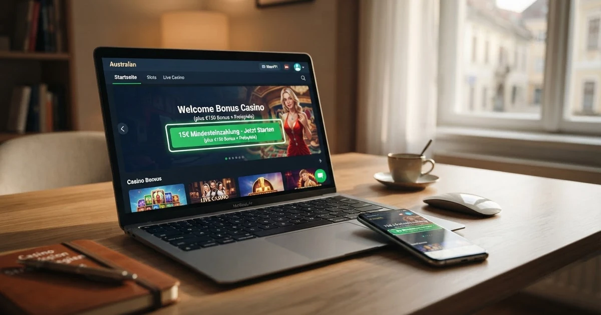 Online-Casino-Startseite mit hervorgehobenem Einzahlungsbutton und der Anzeige „Mindesteinzahlung 15 Euro“, dargestellt auf einem Laptop-Bildschirm mit Smartphone daneben