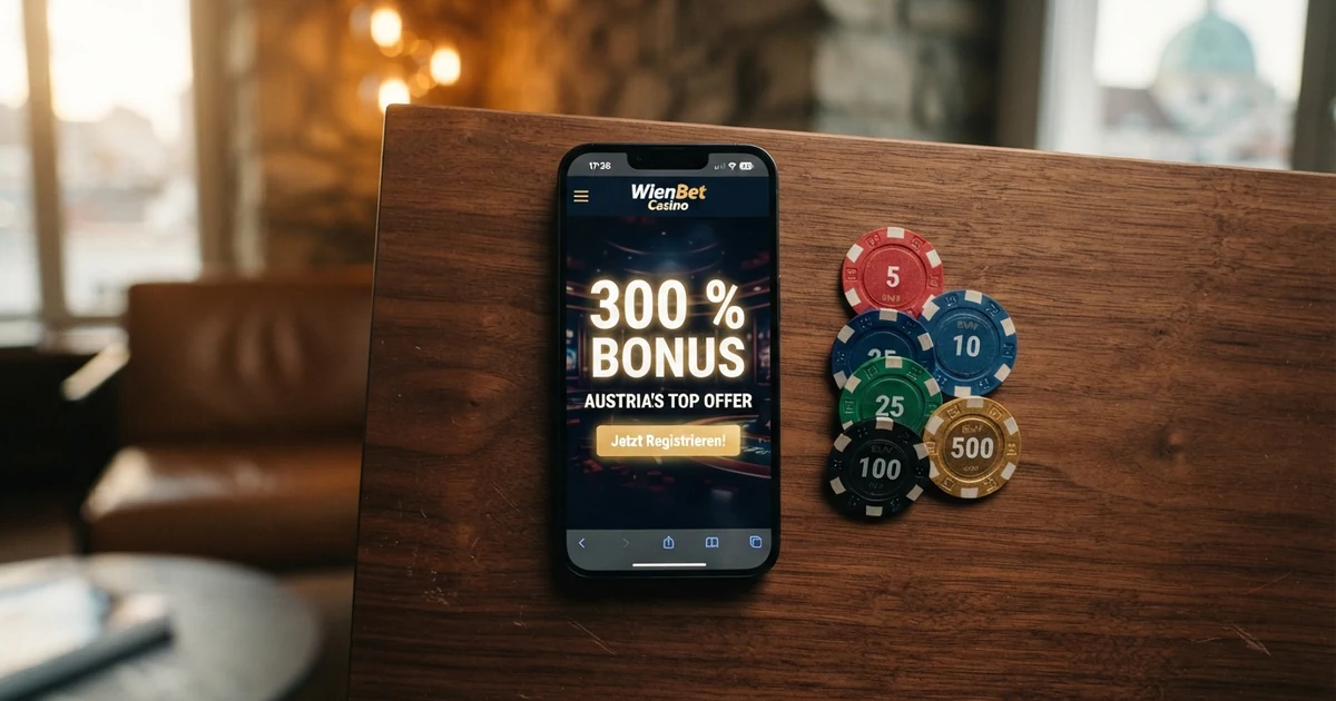 Ein Stapel Casino-Chips neben einem Smartphone mit geöffneter Bonus-Aktionsseite — die Zahl „300 %“ ist auf dem Bildschirm hervorgehoben