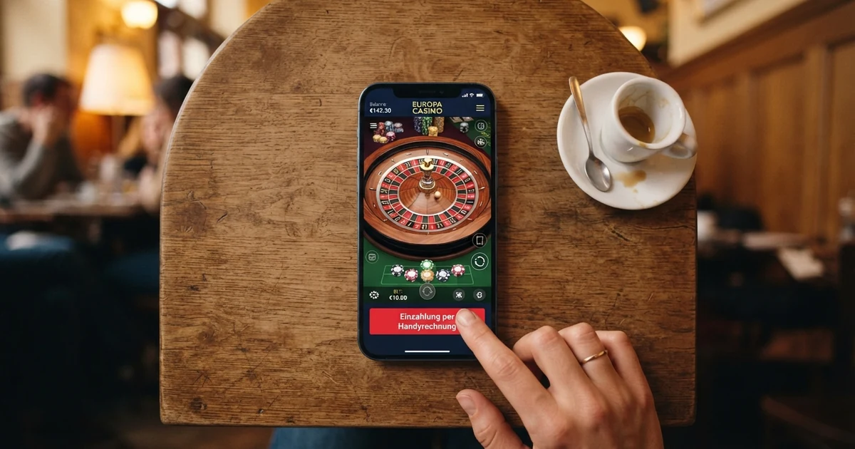 Smartphone mit geöffneter Casino-App, auf dem Display das Drei-Logo und der Button „Einzahlung per Handyrechnung“ zu sehen sind