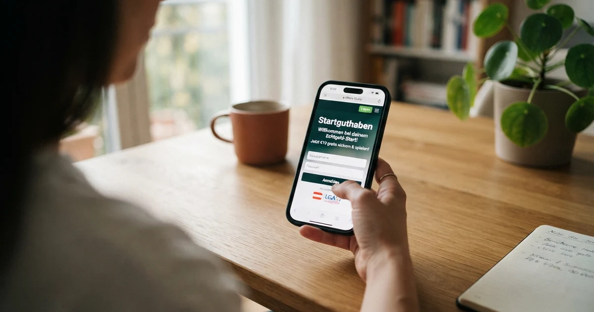 Eine Nahaufnahme eines Smartphone-Bildschirms mit der Anmeldeseite eines Online-Casinos, auf der ein Willkommensbonus-Banner mit der Aufschrift „Startguthaben“ eingeblendet ist