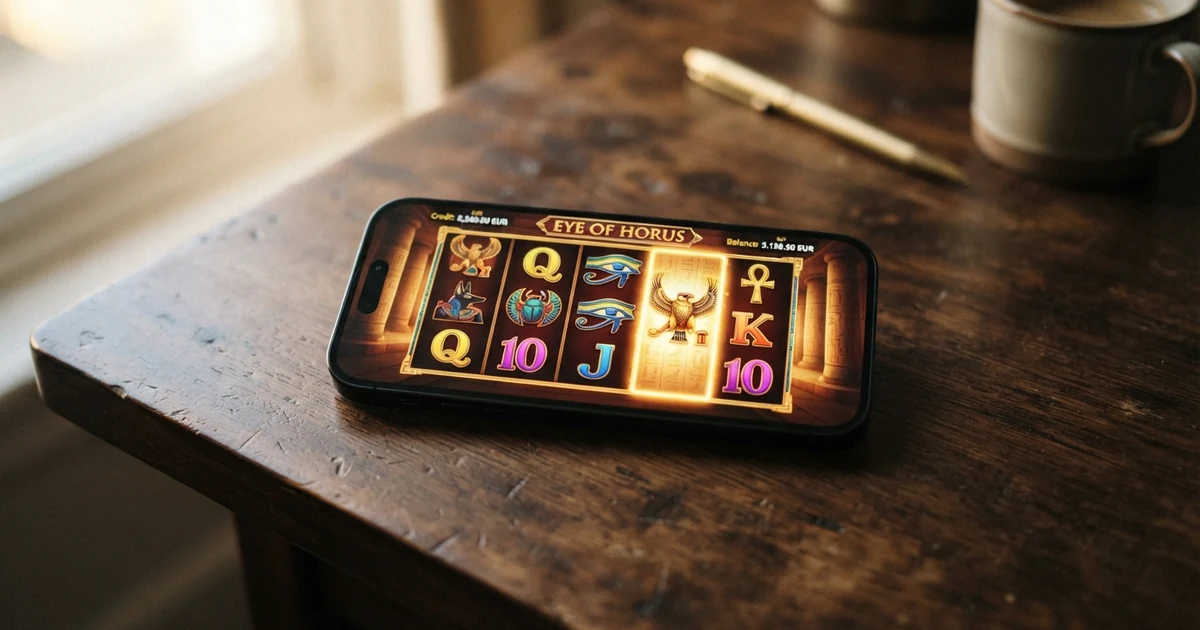 Ein Screenshot des Eye of Horus-Spielfelds mit fünf Walzen, ägyptischen Symbolen und dem Horus-Falken als Expanding Wild vor einem Tempelhintergrund