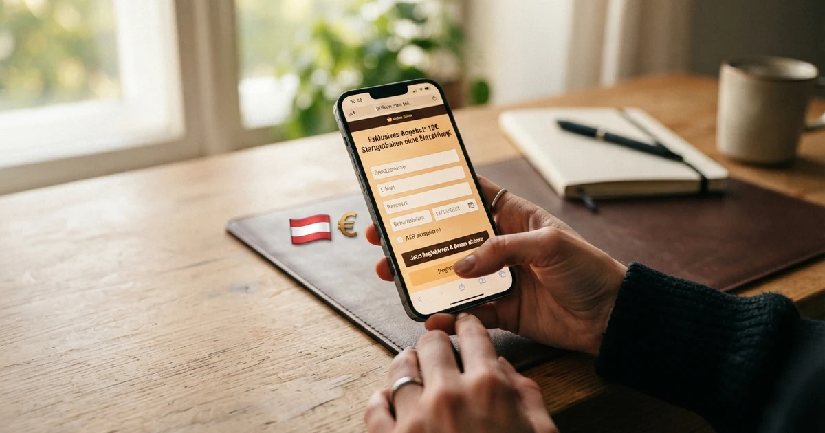 Eine Nahaufnahme eines Smartphone-Bildschirms mit der Registrierungsseite eines Online-Casinos, im Hintergrund eine österreichische Flagge und das Euro-Symbol