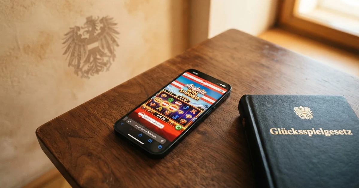 Illustration eines Smartphones mit Casino-Spielen auf dem Bildschirm, im Hintergrund das österreichische Bundeswappen und ein Paragrafenzeichen