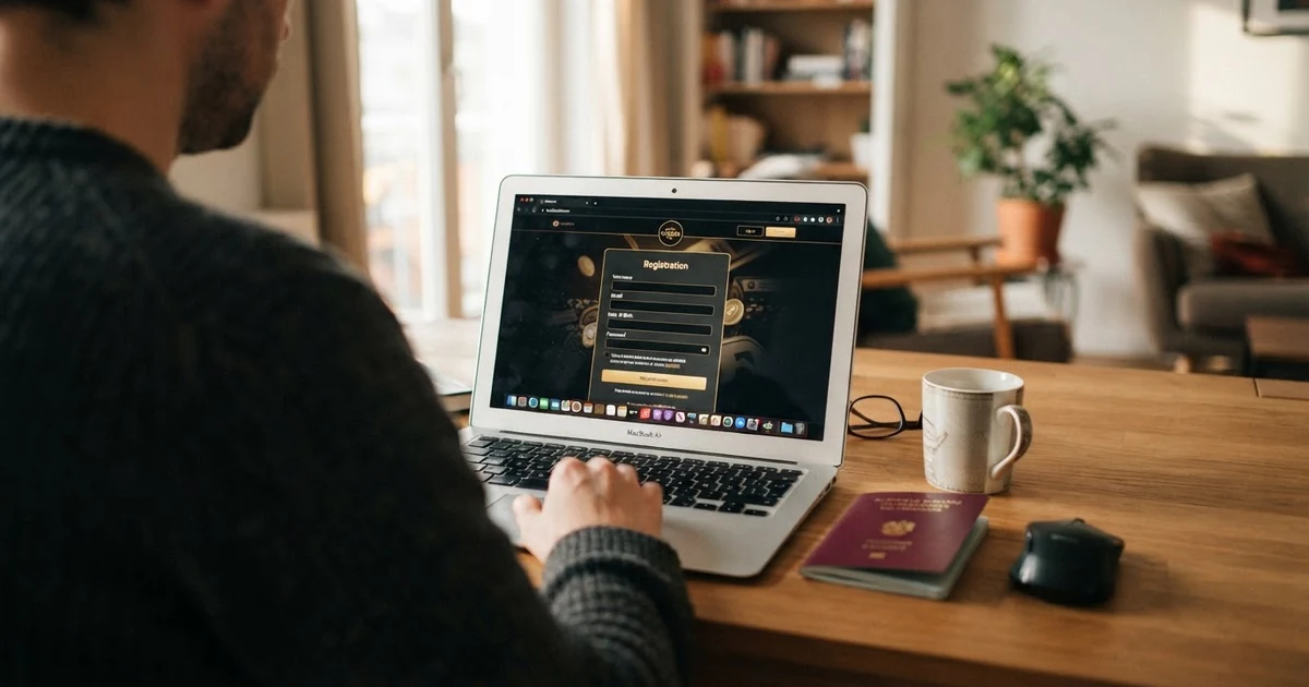 Eine Casino-Registrierungsmaske auf einem Laptop-Bildschirm, das Feld für den Ausweis-Upload ist ausgegraut oder nicht vorhanden, daneben ein österreichischer Reisepass
