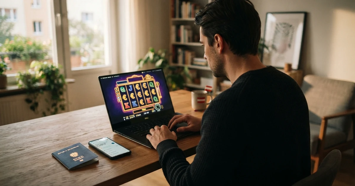 Eine Person sitzt vor einem Laptop mit geöffneter Casino-Website, daneben ein österreichischer Reisepass und ein Smartphone mit geöffneter Banking-App