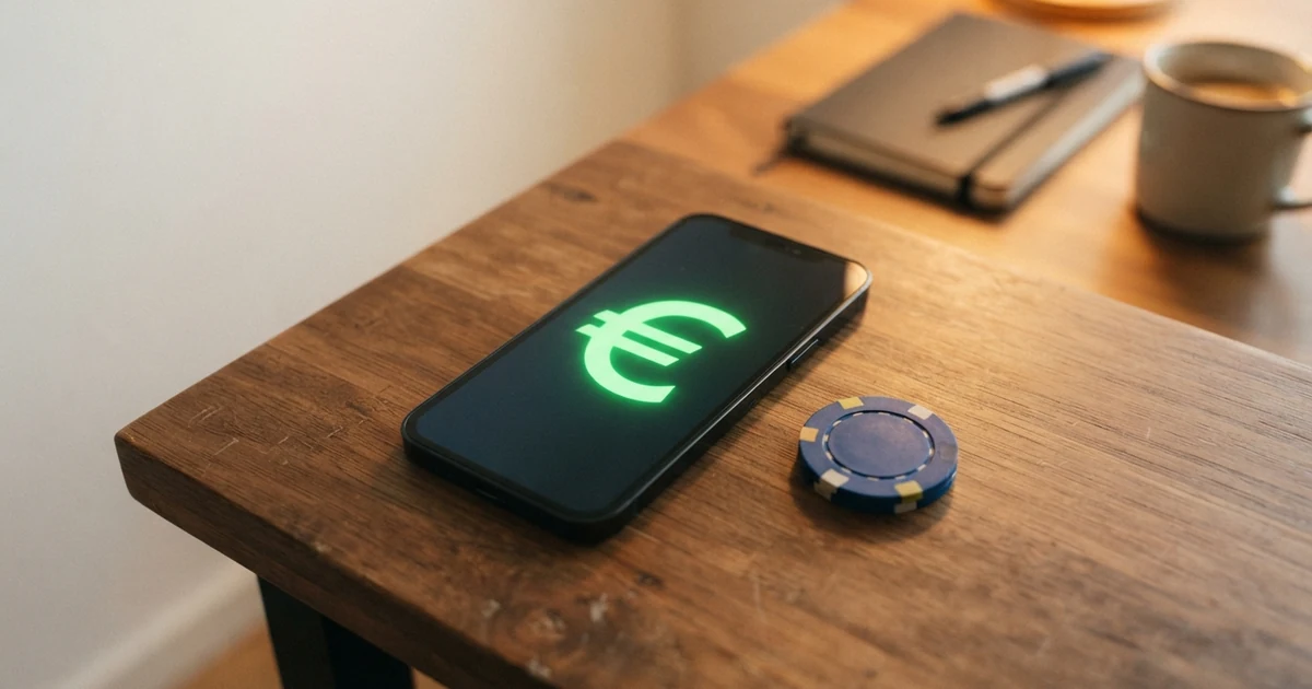 Eine Stoppuhr neben Euro-Scheinen auf einem Smartphone mit geöffneter Casino-App — Symbol für Auszahlungsgeschwindigkeit im Online Casino