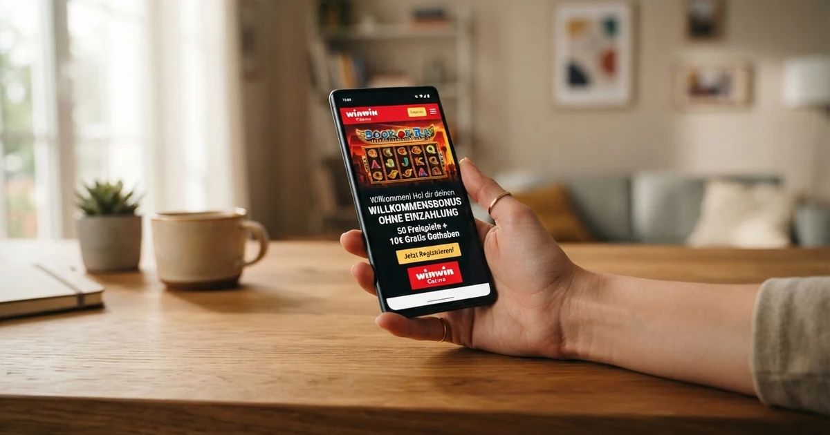 Ein Smartphone-Bildschirm zeigt ein Casino-Willkommensbonus-Angebot mit dem Schriftzug „Ohne Einzahlung“ und Freispiel-Symbolen