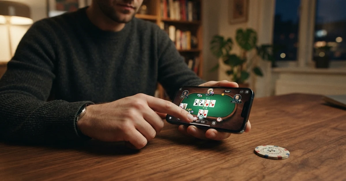 Spieler sitzt an einem virtuellen Pokertisch mit sichtbaren Karten, Chips und Dealer-Interface auf einem Bildschirm
