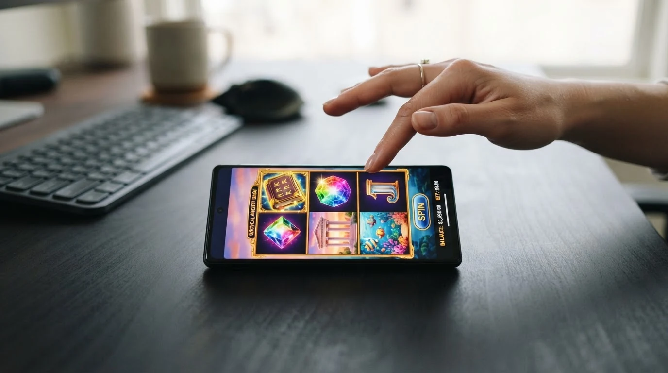 Vier Spielautomaten-Symbole auf einem Smartphone-Bildschirm, darunter Book of Dead und Big Bass Bonanza