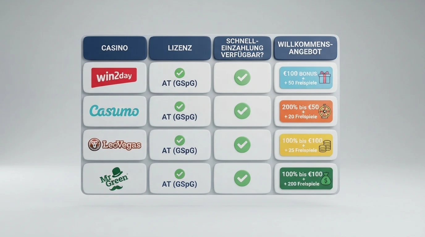 Eine strukturierte Übersicht mit Casino-Logos und den Vergleichsmerkmalen Lizenz, Pay N Play-Status und Willkommensbonus