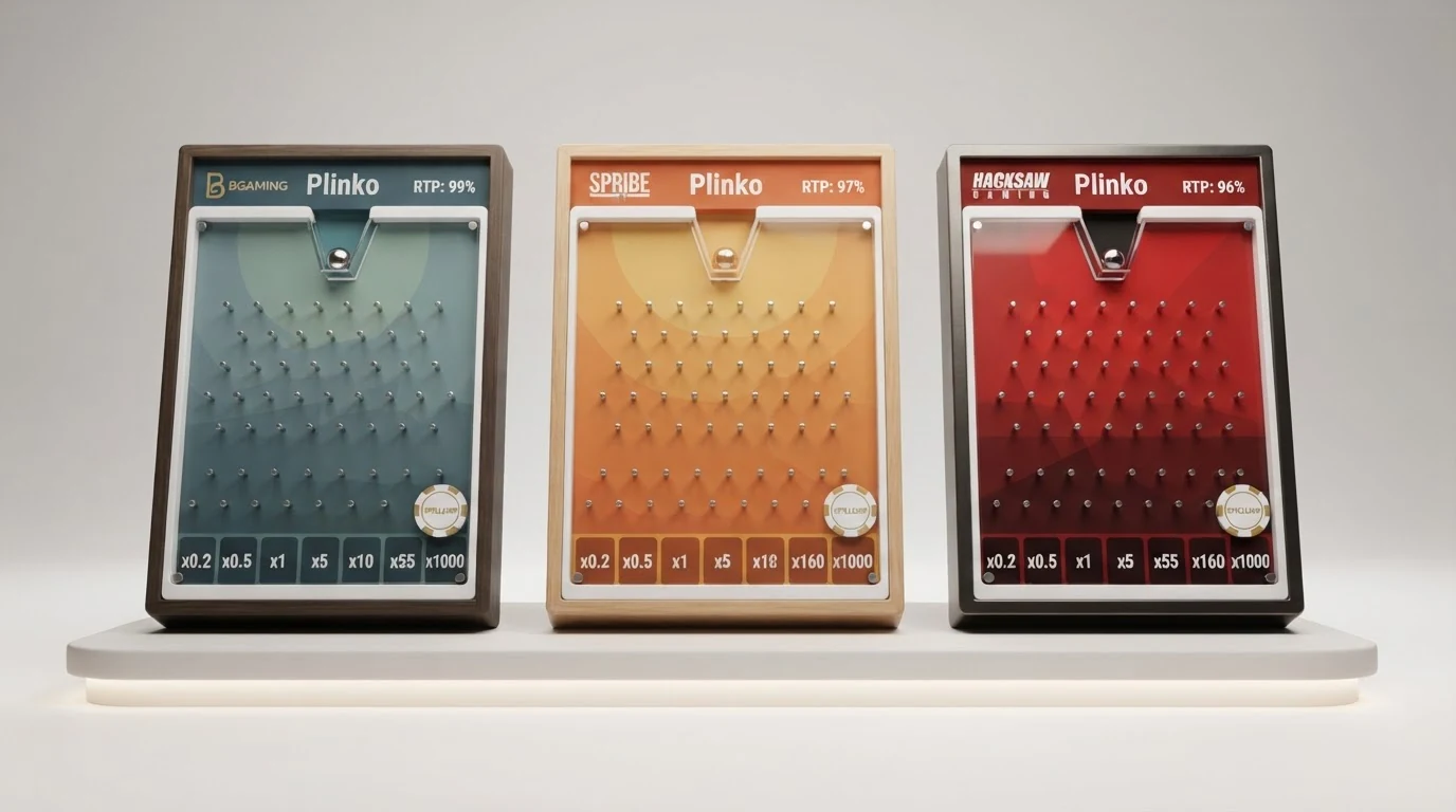 Drei Plinko-Spielfelder nebeneinander mit hervorgehobenen RTP-Werten und unterschiedlichen Multiplikator-Farben für BGaming, Spribe und Hacksaw