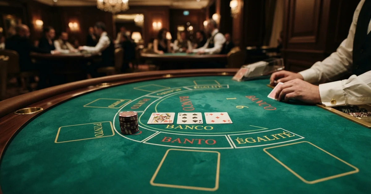 Ein Punto-Banco-Spieltisch mit Karten, Casino-Chips und den drei markierten Wettfeldern für Banco, Punto und Égalité