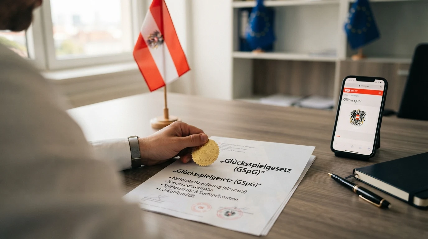 Ein stilisiertes Paragrafen-Dokument mit dem österreichischen Bundesadler und dem Titel „GSpG“ — daneben die EU-Flagge als Hinweis auf das Spannungsfeld zwischen Monopol und EU-Recht