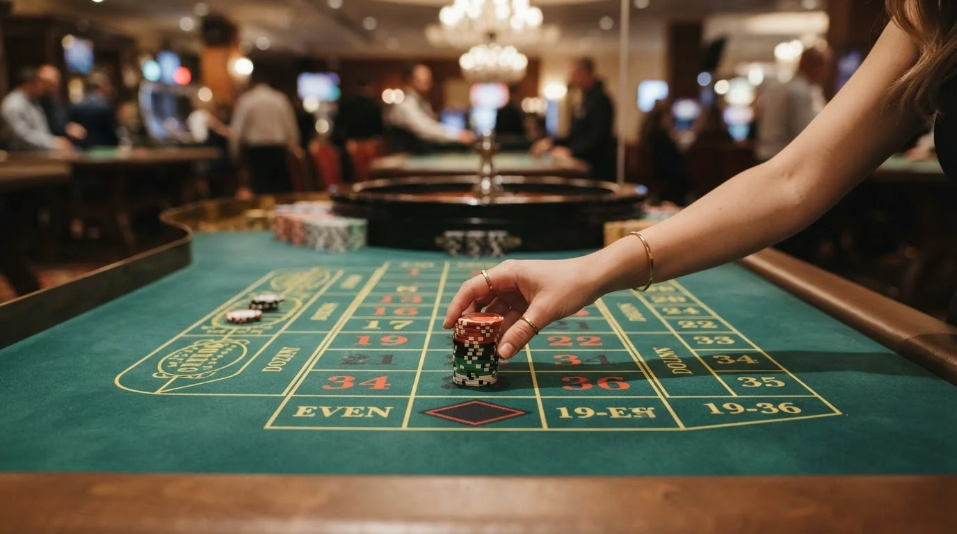 Roulette-Tisch mit Jetons auf verschiedenen Einsatzfeldern, die das Verdopplungsprinzip illustrieren