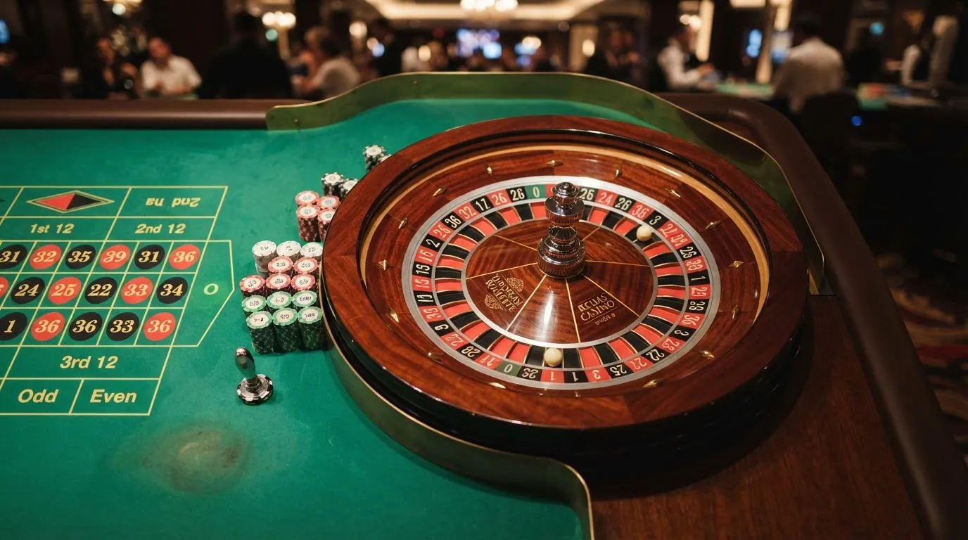 Draufsicht auf einen europäischen Roulette-Kessel mit weißer Kugel auf grünem Filz, umgeben von farbigen Zahlenfächern und einem Jetons-Stapel