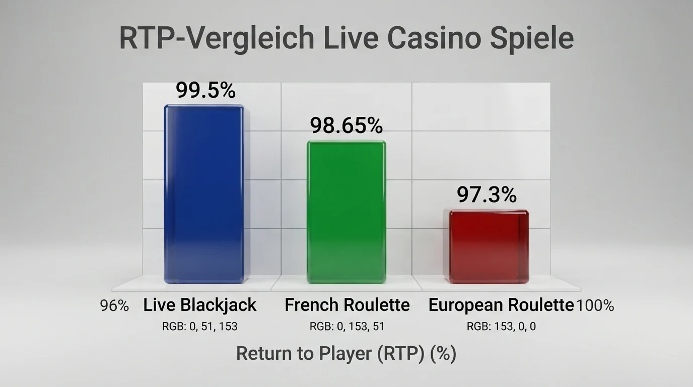 Eine grafische Gegenüberstellung der RTP-Prozentwerte von Live Blackjack, European Roulette und French Roulette als vergleichendes Säulendiagramm mit Datenpunkten