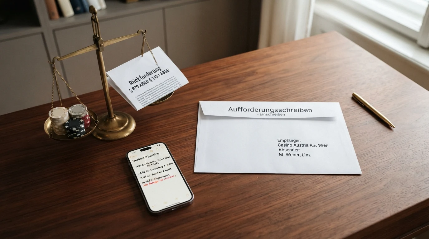 Ein förmliches Aufforderungsschreiben in einem Briefumschlag, daneben eine Gerichtswaage und ein Kalender mit markiertem Datum