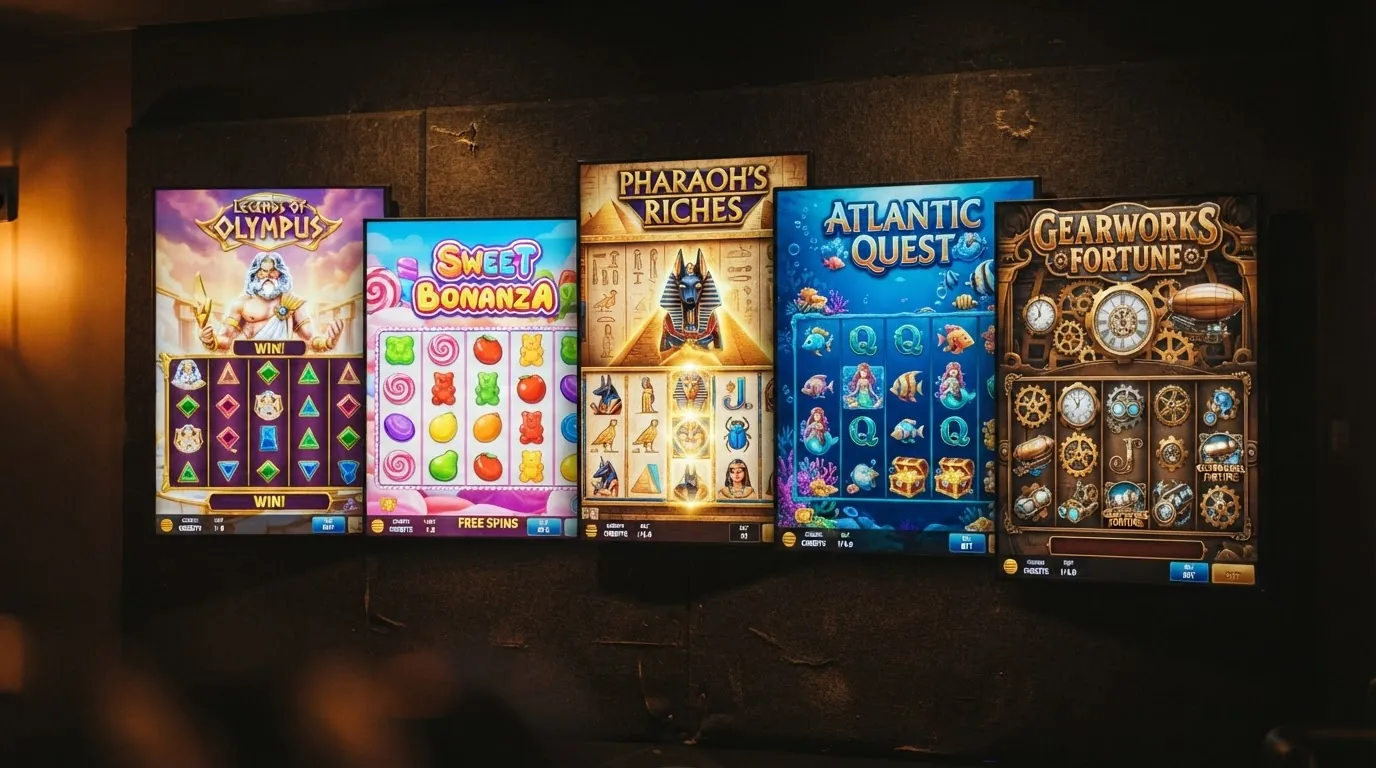 Eine Collage aus fünf Spielautomaten-Bildschirmen — Gates of Olympus, Sweet Bonanza, Book of Dead, Big Bass Bonanza und Money Train 3 — mit eingeblendeten RTP-Prozentwerten
