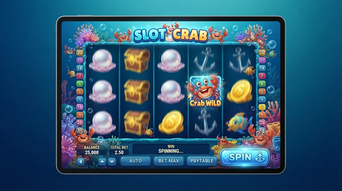Der Spielautomat „Slot Crab" von ELA Games mit 5 Walzen und einem Unterwasser-Krabben-Thema.