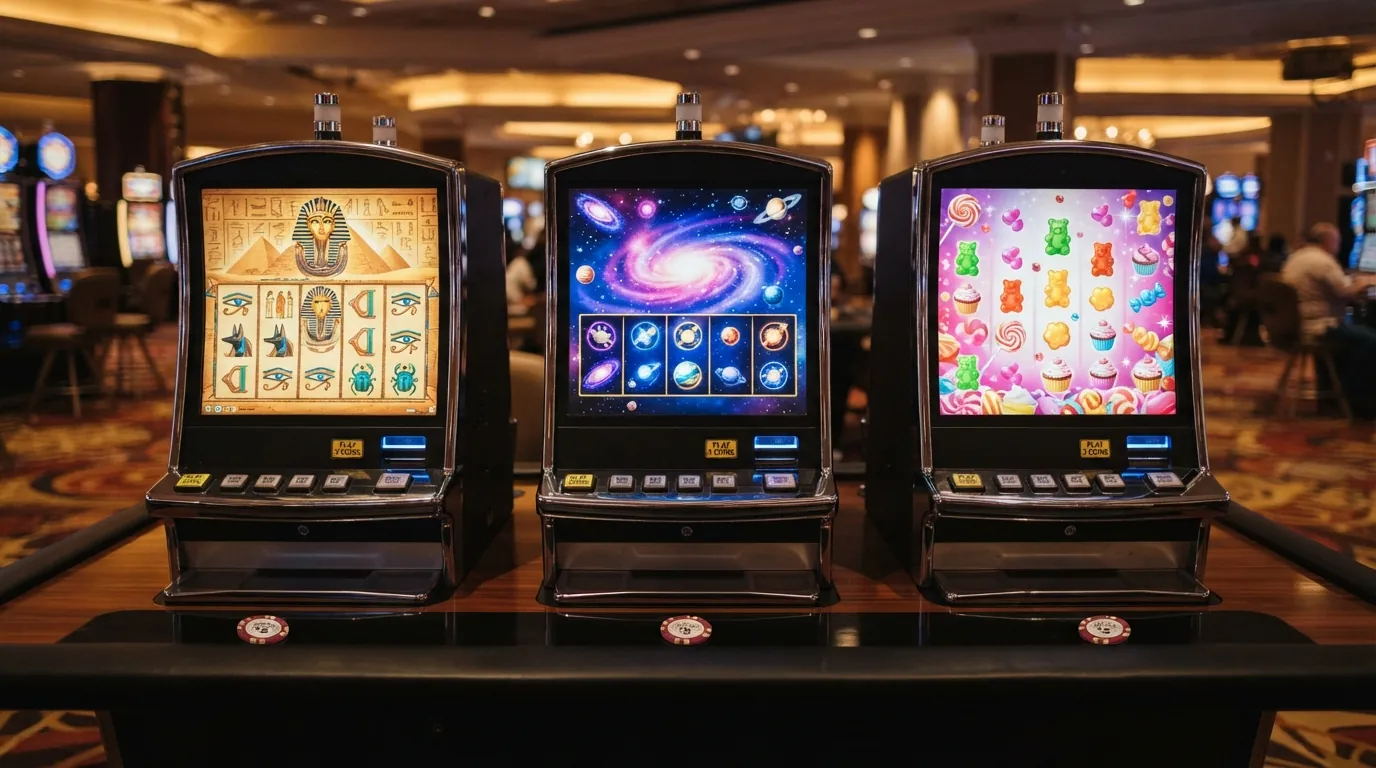 Drei beliebte Spielautomaten – Book of Dead, Starburst und Sweet Bonanza – mit ihren RTP-Prozentsätzen, Volatilitätsstufen und Herstellerlogos nebeneinander