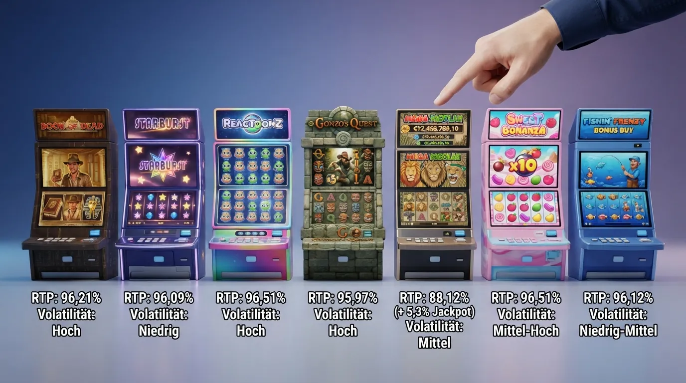 Mehrere Spielautomaten mit ihren RTP-Prozentwerten, Volatilitätsangaben und maximalen Gewinnmöglichkeiten im direkten Vergleich