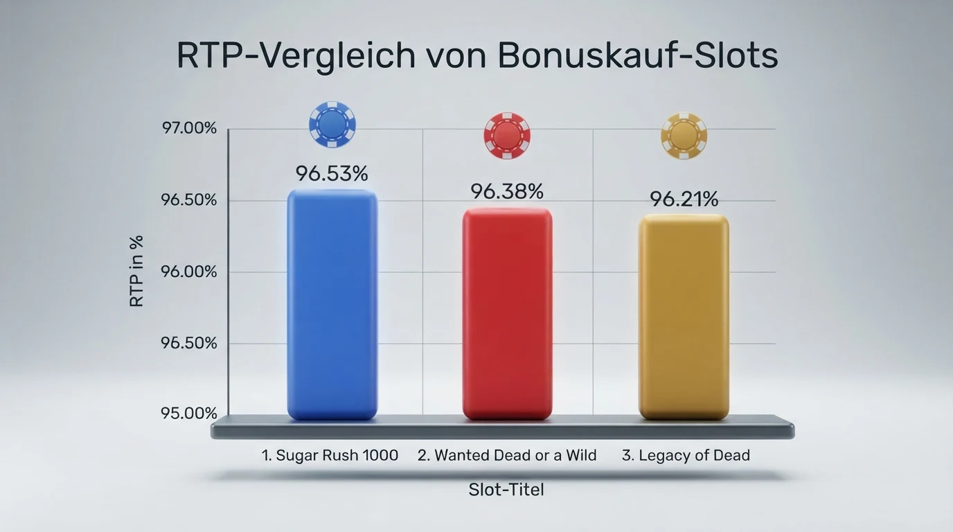 Eine tabellarische oder grafische Gegenüberstellung der Kennzahlen RTP, Volatilität und Max Win für mehrere Bonuskauf-Slots