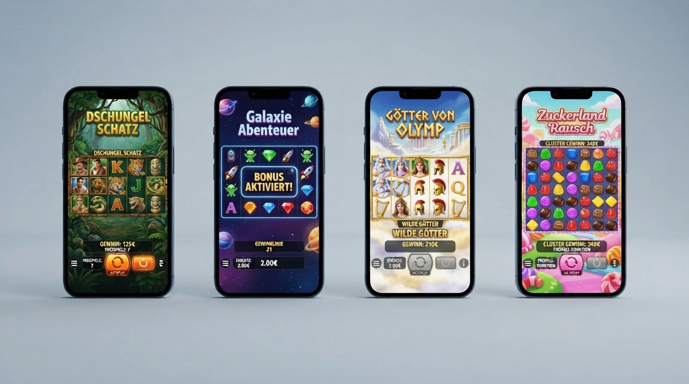 Vier beliebte Online-Slots mit Autoplay-Funktion nebeneinander dargestellt: Starburst, Book of Dead, Gates of Olympus und Gonzo's Quest