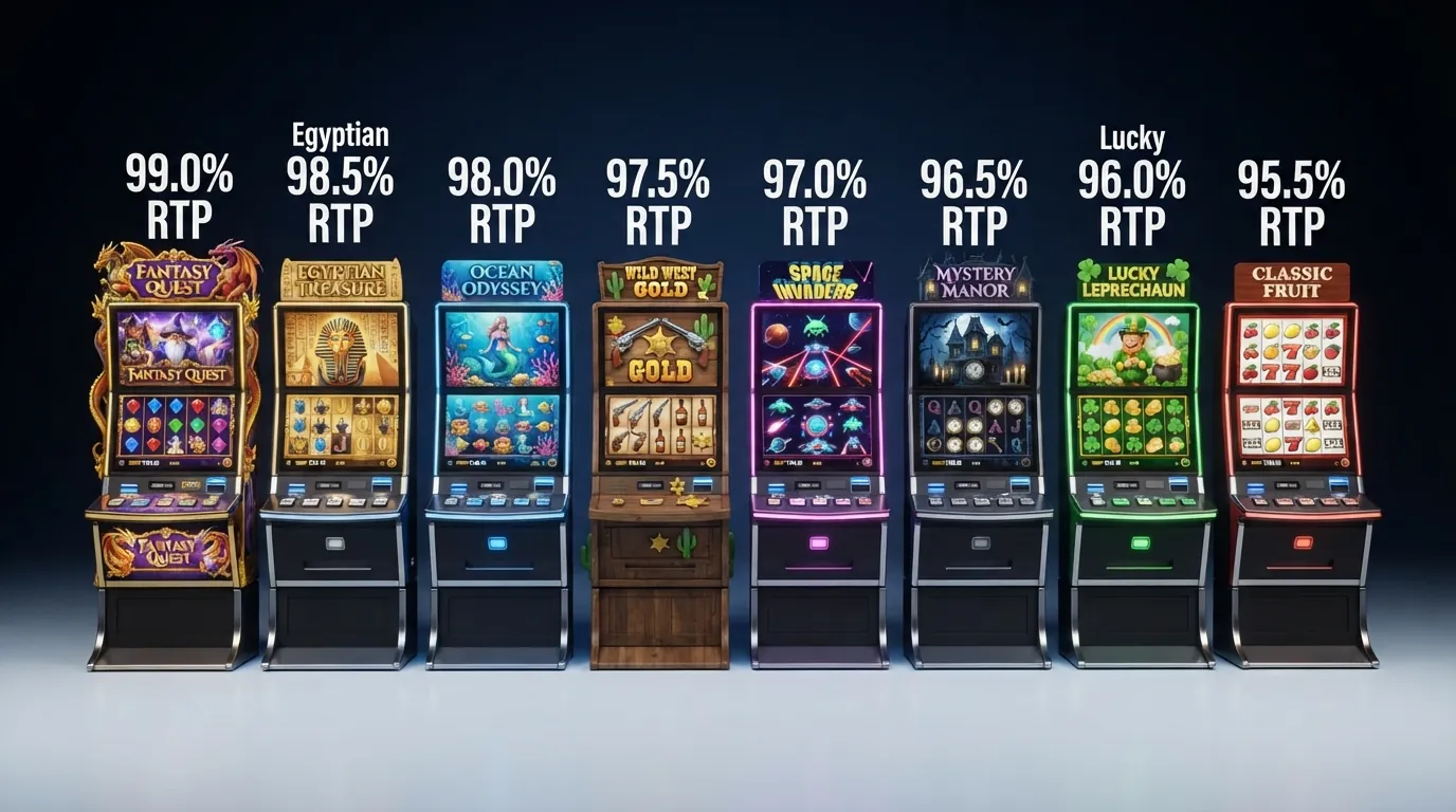 Acht Spielautomaten-Kacheln in einer Vergleichsansicht, absteigend nach RTP sortiert — von Mega Joker (99,0 %) bis Gates of Olympus (95,5 %)