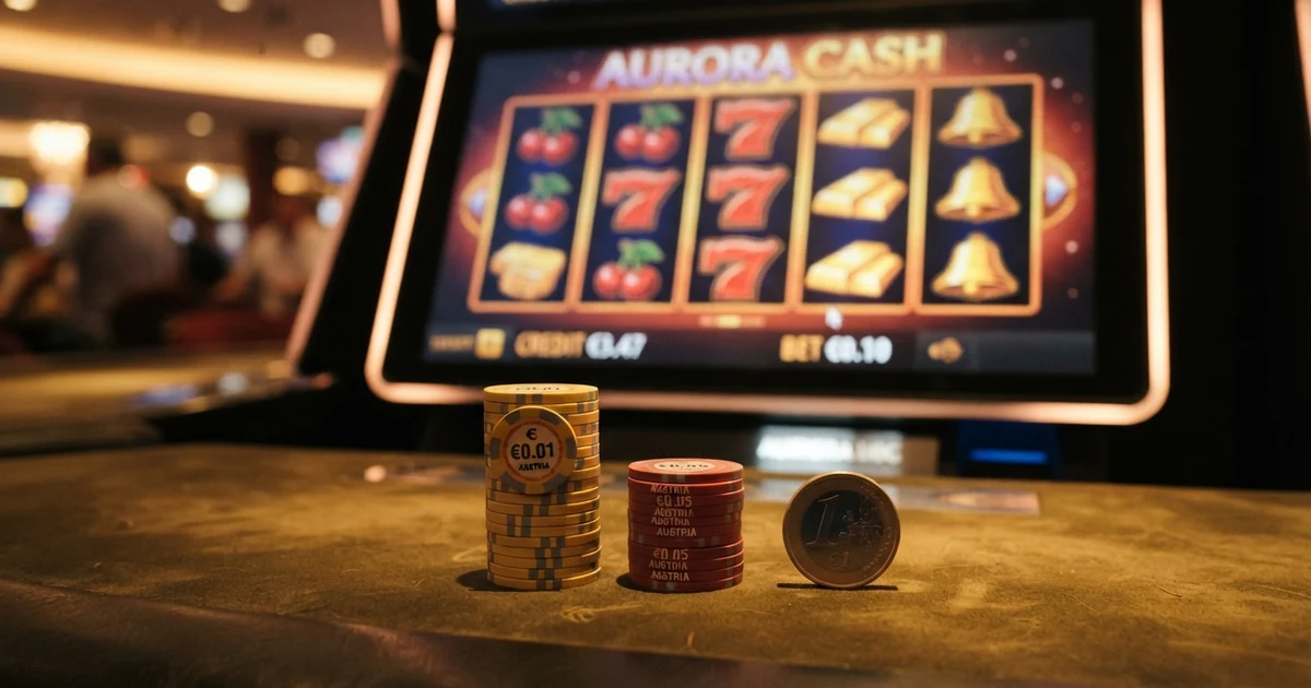 Drei Spielautomaten-Bildschirme mit unterschiedlichen Münzstapeln für 1-Cent-, 5-Cent- und 1-Euro-Einsätze nebeneinander