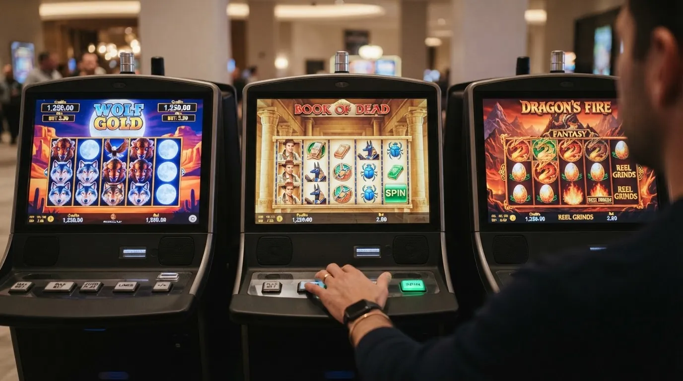 Drei Slot-Spielbildschirme — Wolf Gold, Starlight Princess, Gates of Gatot Kaca — mit eingeblendeten RTP-Prozentwerten