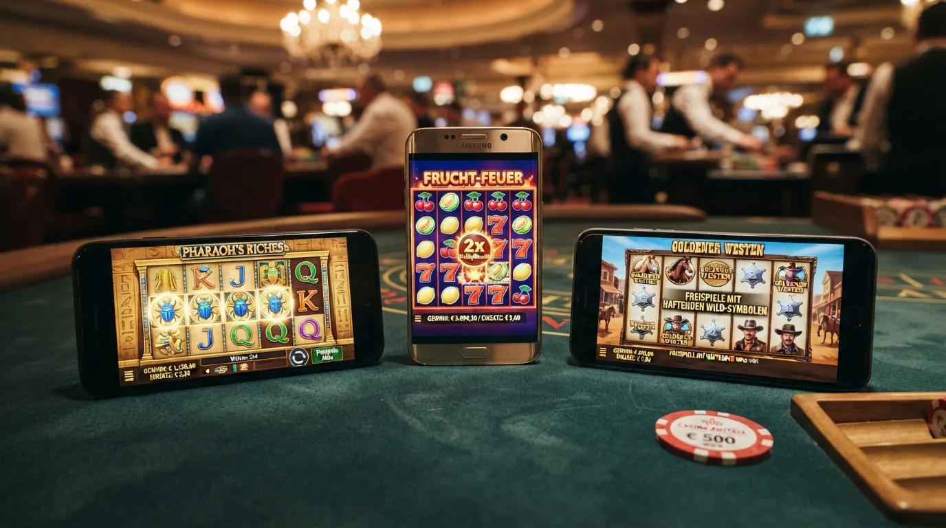 Drei Spielautomaten-Bildschirme mit Book of Ra Deluxe, Sweet Bonanza und Dead or Alive II – jeweils mit sichtbarem Wett-Einsatz-Feld ohne Begrenzung