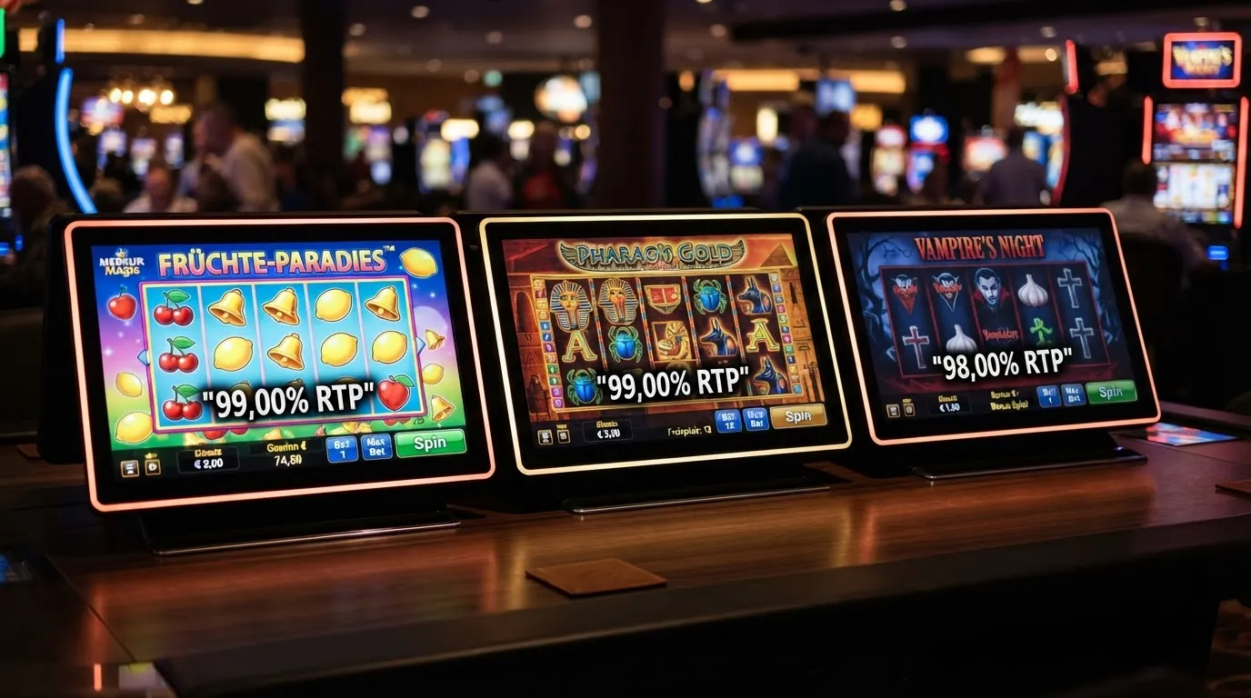 Drei Spielautomaten-Bildschirme mit unterschiedlichen Walzen und darunter eingeblendeten RTP-Prozentwerten