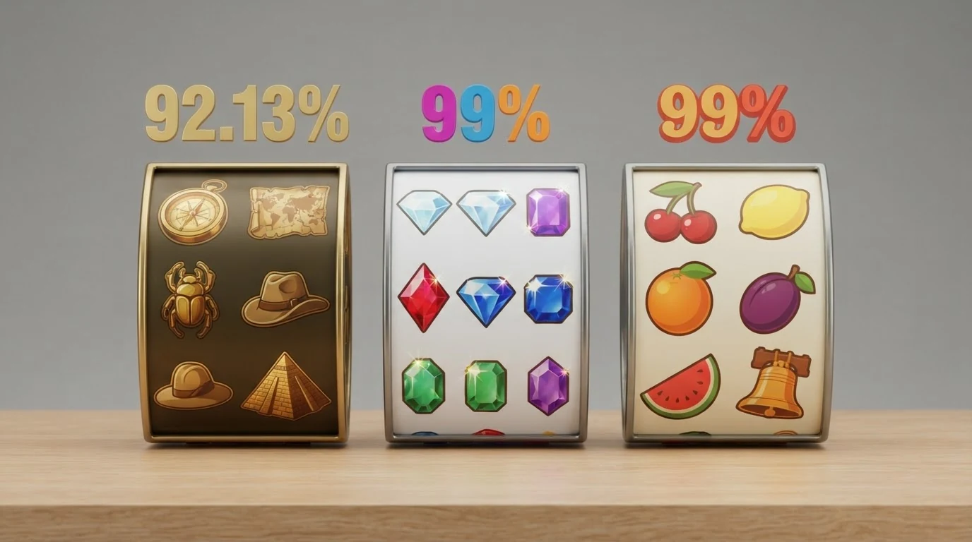 Bildschirmfoto-Collage aus drei Slot-Walzen (Book of Ra, Book of 99, Mega Joker Classic) mit eingeblendeten RTP-Prozentwerten — 92,13 %, 99 % und 99 % — nebeneinander, im Casino-Farbdesign
