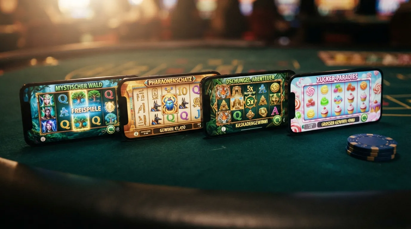 Vier beliebte Spielautomaten — Starburst, Book of Dead, Gonzo's Quest und Sweet Bonanza — nebeneinander mit ihrer RTP-Kennzahl und einem Volatilitäts-Indikator
