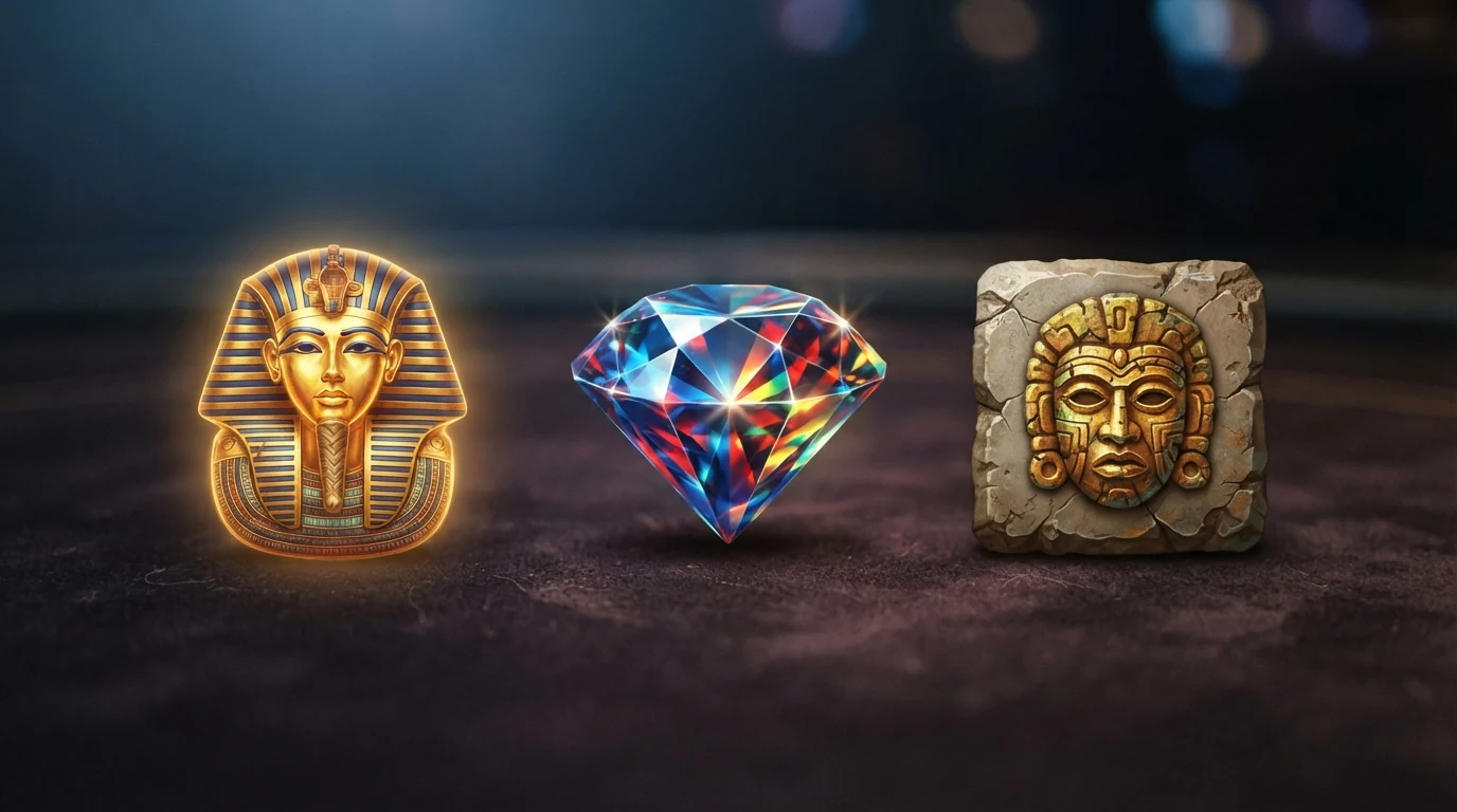 Drei Slot-Symbole nebeneinander: Book of Dead (Pharao), Starburst (Juwelen) und Gonzo's Quest (Steinblock mit goldener Maske)