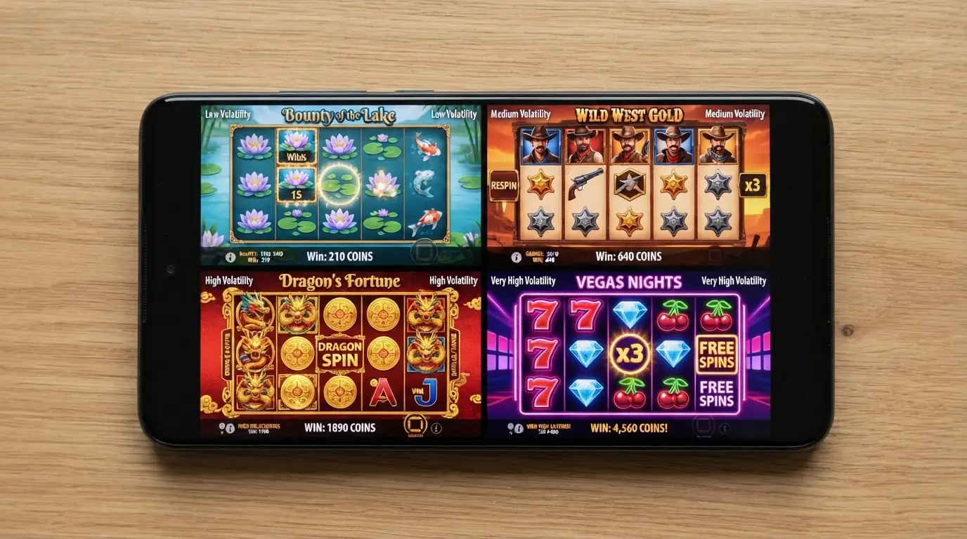 Vier nebeneinander aufgereihte Spielautomaten-Bildschirme — links Starburst mit ruhigem Farbverlauf, rechts Gates of Olympus mit dramatischem Blitz-Effekt — visueller Kontrast zwischen niedriger und hoher Volatilität