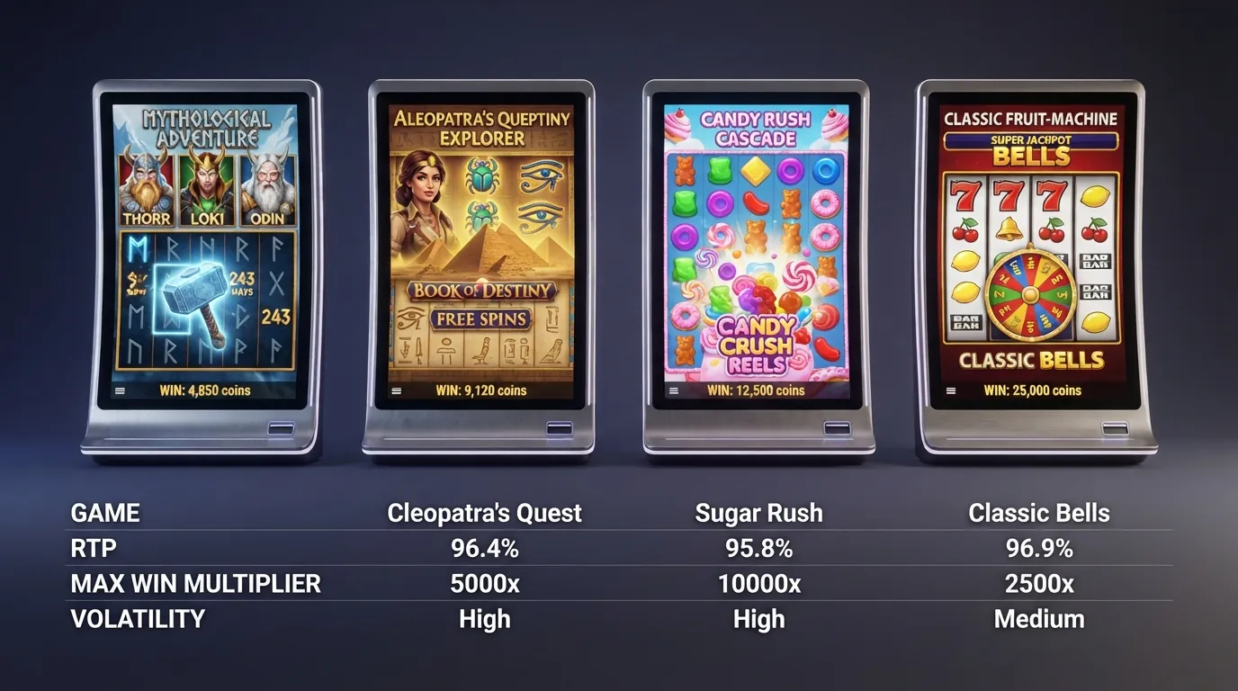 Vier Slot-Titelbildschirme nebeneinander: Gates of Olympus, Book of Dead, Sweet Bonanza und Book of Ra Deluxe — darunter eine Miniaturtabelle mit den RTP-Prozentwerten