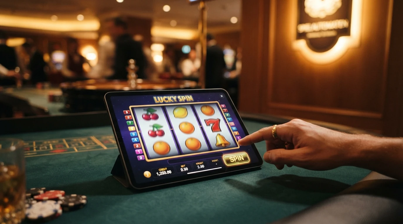 Drei Spielautomaten-Walzen mit bunten Fruchtsymbolen, Glocken und einer Sieben, auf einem Tablet-Display im Querformat