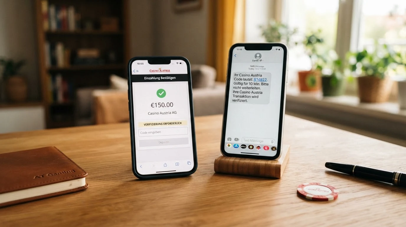 Ein Smartphone zeigt eine SMS mit einem Verifizierungscode, daneben das Casino-Einzahlungsfenster