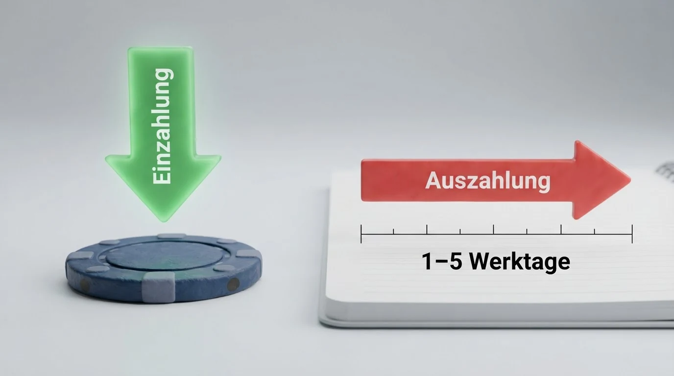 Eine Grafik, die den zeitlichen Ablauf einer Sofort-Einzahlung (sofort) mit dem einer typischen Auszahlung (1–5 Werktage) gegenüberstellt