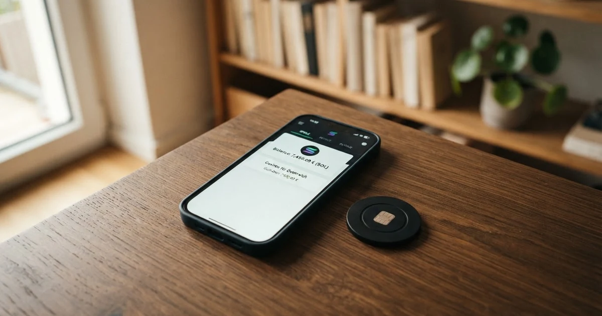 Eine Phantom-Wallet-App auf einem Smartphone-Display, daneben das Solana-Logo und der Schriftzug „SOL“