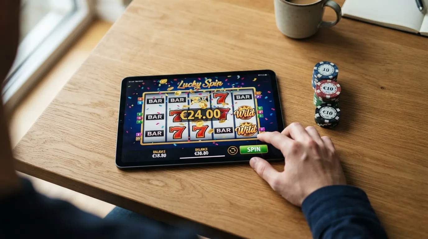 Die Walzen eines bunten Video-Slots mit Freispiel-Symbol auf einem Tablet-Bildschirm, über dem gestapelte 10-Euro-Scheine liegen — insgesamt 40 Euro