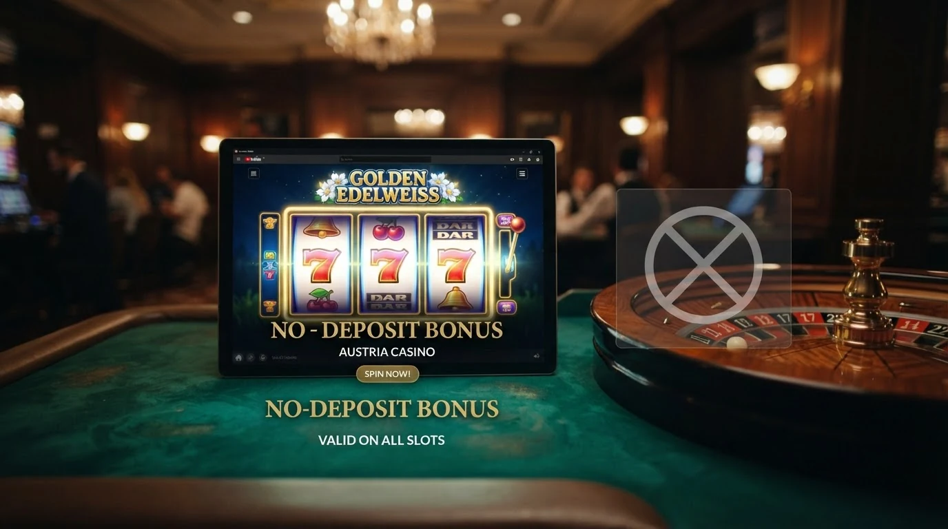 Drei nebeneinander aufgereihte Slot-Walzen mit verschiedenfarbigen Symbolen, daneben ein roulette-Tisch mit durchgestrichenem Bonus-Symbol