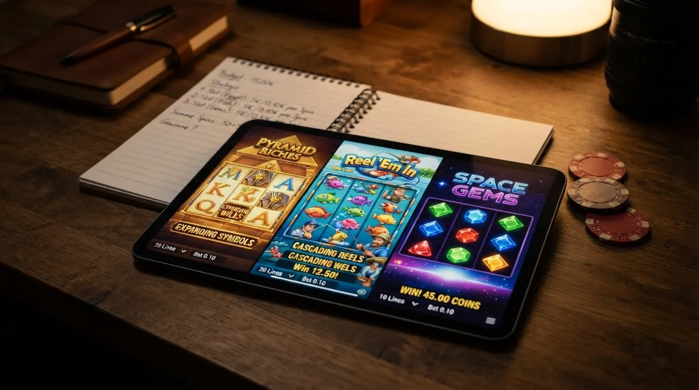 Drei Spielautomaten — Book of Dead, Big Bass Bonanza und Starburst — auf einem Tablet-Bildschirm nebeneinander, mit sichtbarem Guthabenstand von 15 Euro